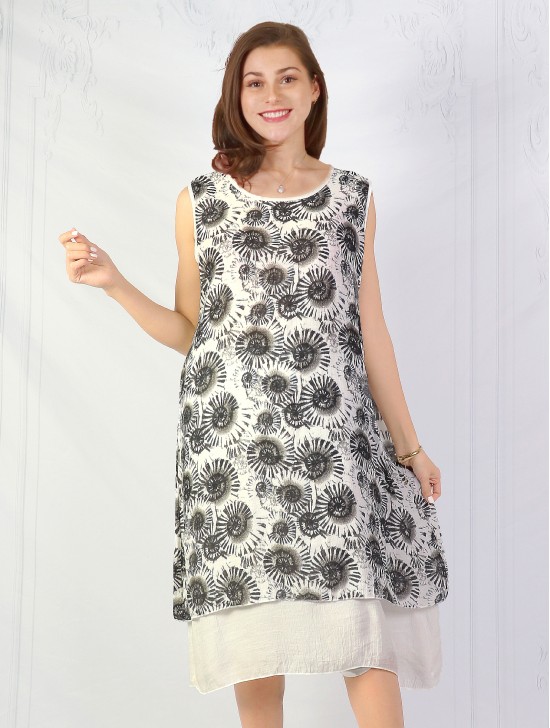 Double Layered Sleeveless Shift Dress W/ Tie-Dye Design